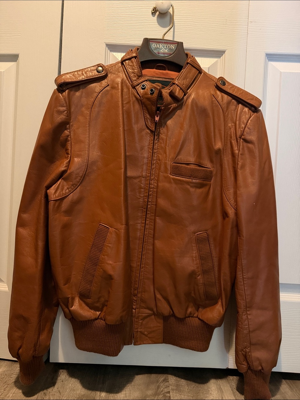 Men's Tan Leather Bomber Jacket with Epaulets